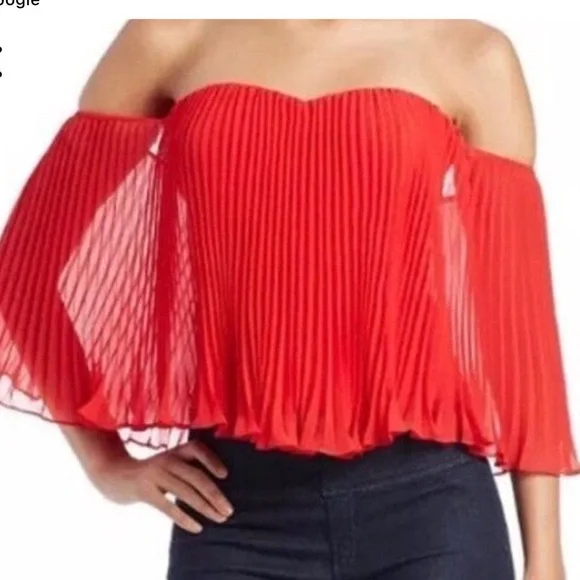 GUESS Red Pleated Off-Shoulder Top - Picture 3 of 10